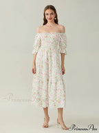 Graceful Off-Shoulder Celebration Half Sleeve Square Neck A-line Floral Dress