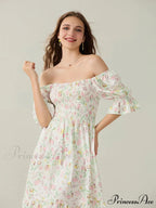 Graceful Off-Shoulder Celebration Half Sleeve Square Neck A-line Floral Dress
