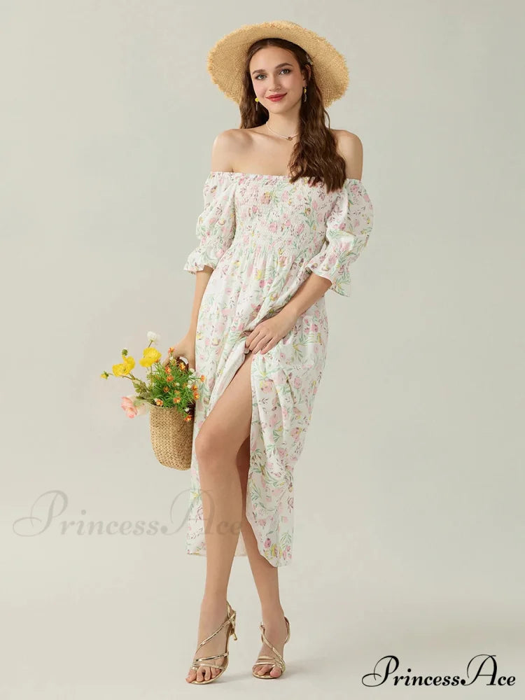 Graceful Off-Shoulder Celebration Half Sleeve Square Neck A-line Floral Dress