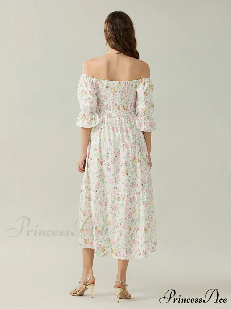 Graceful Off-Shoulder Celebration Half Sleeve Square Neck A-line Floral Dress