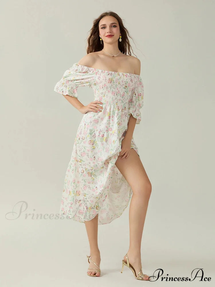 Graceful Off-Shoulder Celebration Half Sleeve Square Neck A-line Floral Dress