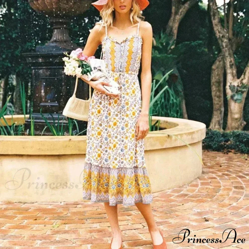 Graceful Sleeveless Flower Rayon Cotton Midi Boho Dress