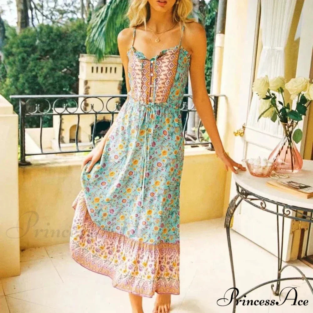 Graceful Sleeveless Flower Rayon Cotton Midi Boho Dress