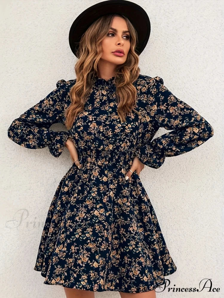 Graceful Spring Autumn Flower Pattern A-line Flower Dress