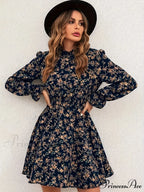 Graceful Spring Autumn Flower Pattern A-line Flower Dress