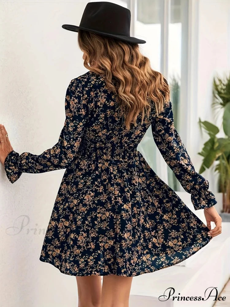 Graceful Spring Autumn Flower Pattern A-line Flower Dress