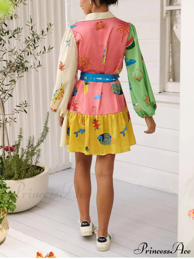 Graffiti Print Lace-Up Cardigan Loose Trendy Short Dress With Wide Hem