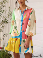 Graffiti Print Lace-Up Cardigan Loose Trendy Short Dress With Wide Hem