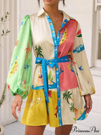 Graffiti Print Lace-Up Cardigan Loose Trendy Short Dress With Wide Hem