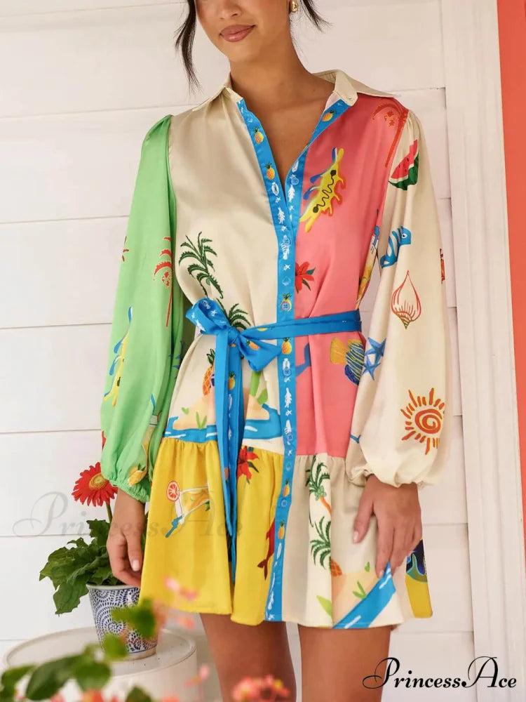 Graffiti Print Lace-Up Cardigan Loose Trendy Short Dress With Wide Hem