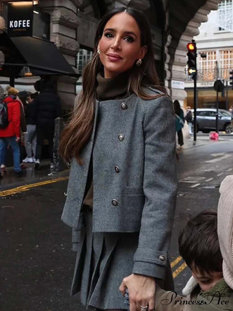 Gray Circular Neck Folded Short Skirt Jacket