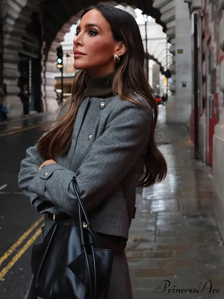 Gray Circular Neck Folded Short Skirt Jacket