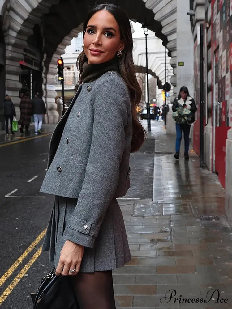 Gray Circular Neck Folded Short Skirt Jacket