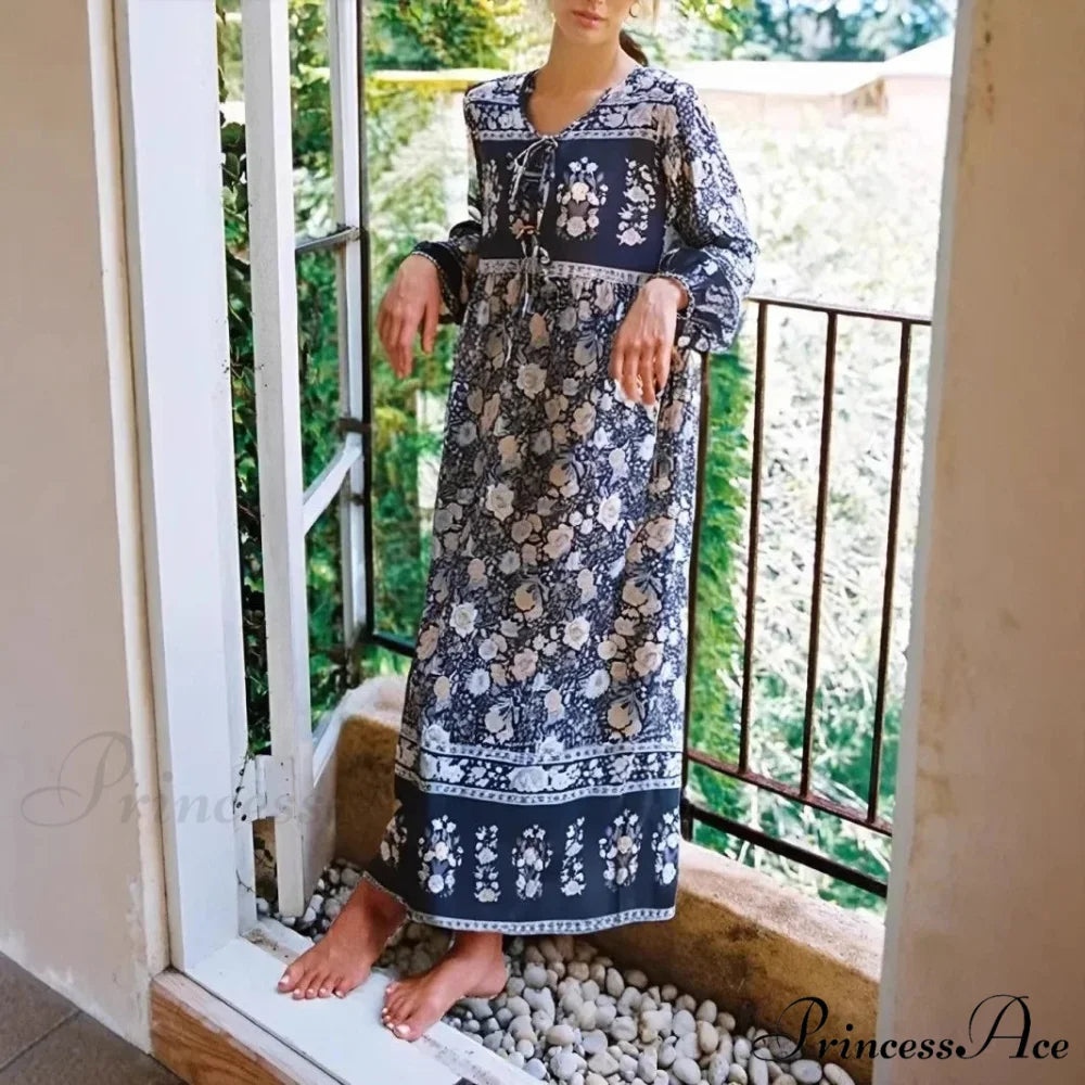 Gray Flower Pattern Lantern Sleeve Fringe Retro Long Bohemian Dress