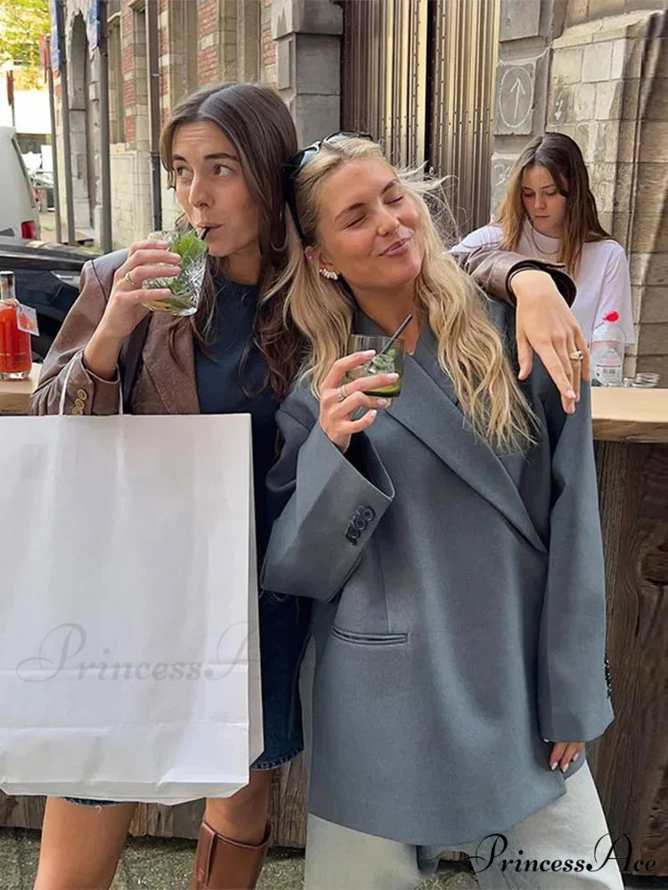 Gray Lapel Buttoned Elegant Loose Long Sleeves New Fashionable Stylish Coat