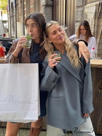 Gray Lapel Buttoned Elegant Loose Long Sleeves New Fashionable Stylish Coat