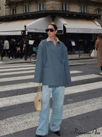Gray Lapel Buttoned Elegant Loose Long Sleeves New Fashionable Stylish Coat