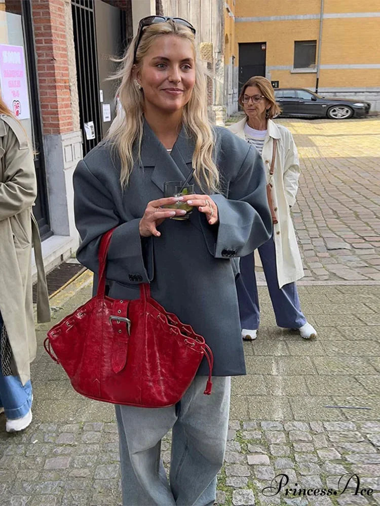 Gray Lapel Buttoned Elegant Loose Long Sleeves New Fashionable Stylish Coat