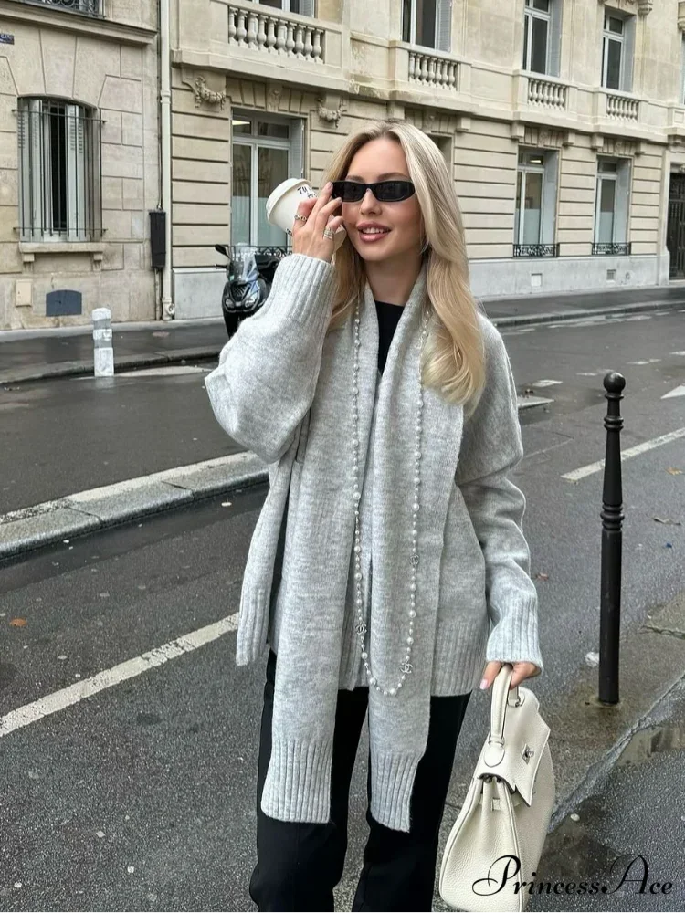 Gray Scarf Collar Baggy Cashmere Cardigan