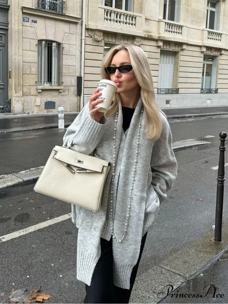 Gray Scarf Collar Baggy Cashmere Cardigan