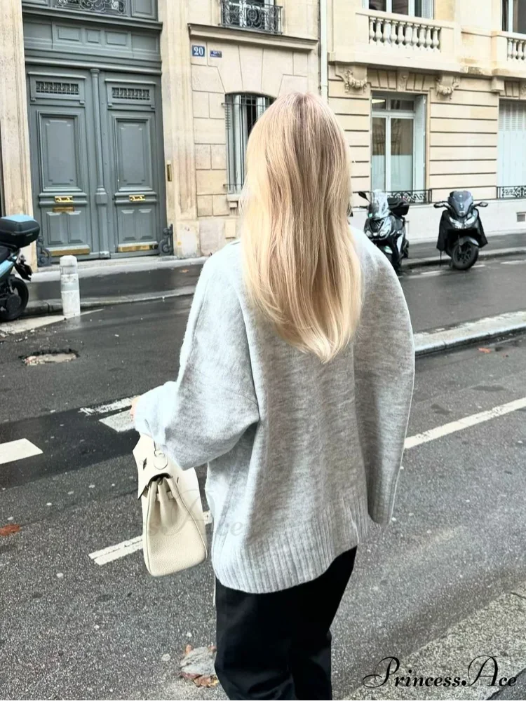 Gray Scarf Collar Baggy Cashmere Cardigan