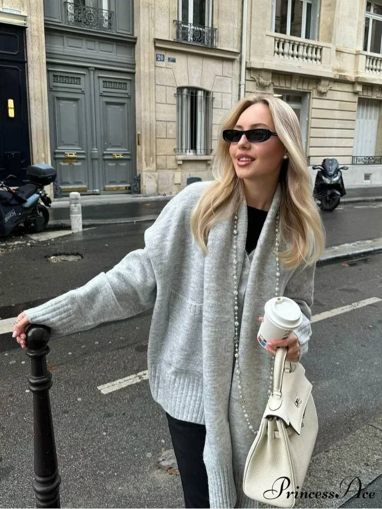 Gray Scarf Collar Baggy Cashmere Cardigan