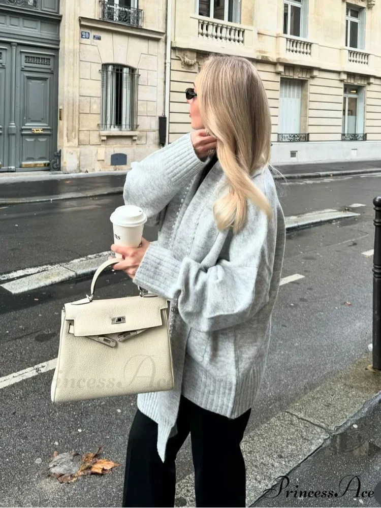 Gray Scarf Collar Baggy Cashmere Cardigan