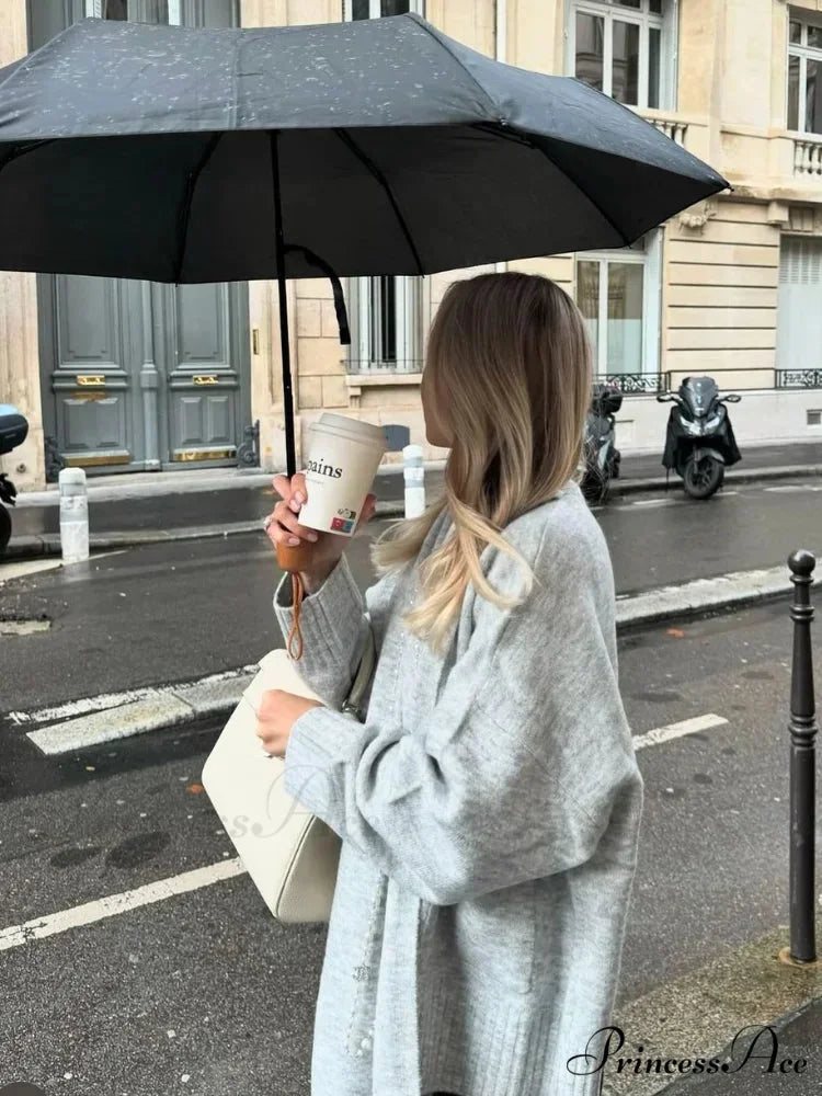 Gray Scarf Collar Baggy Cashmere Cardigan