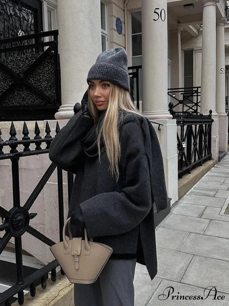 Gray Scarf Collar Woolen Jacket