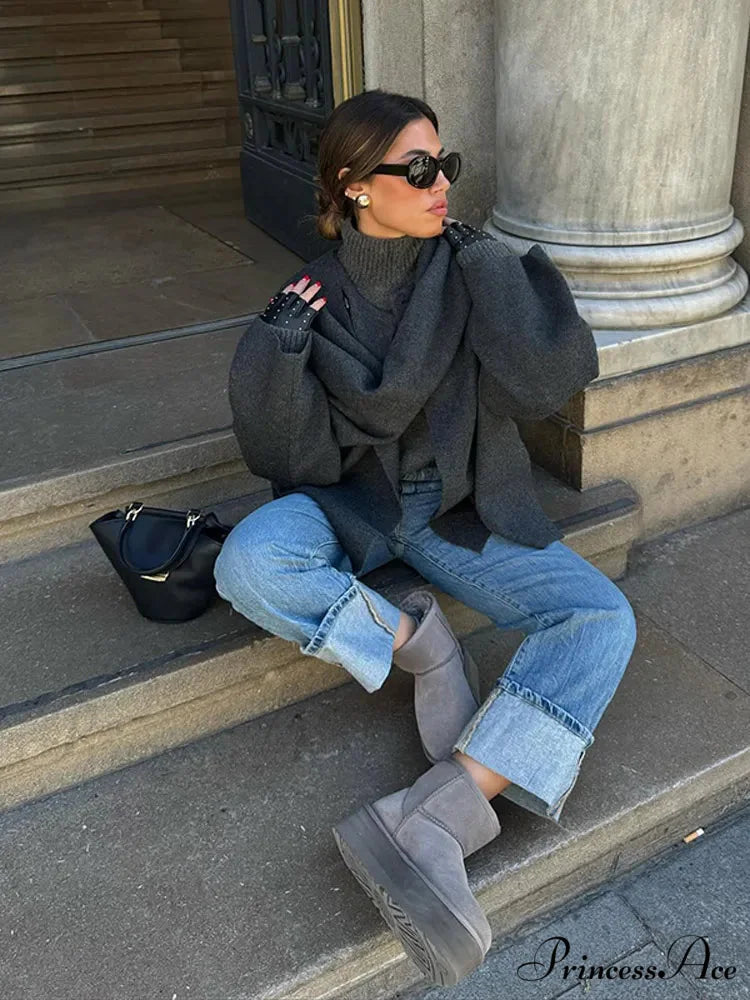 Gray Scarf Collar Woolen Jacket