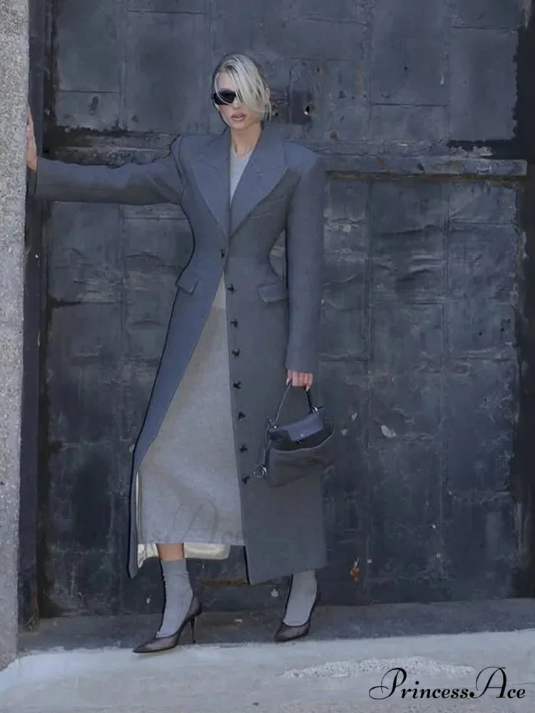 Gray Solitary Buttoned Wool Overcoat