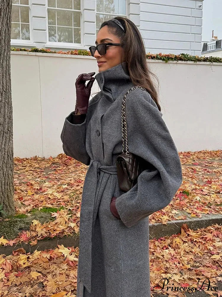 Gray Tall Neck Extended Woolen Coat