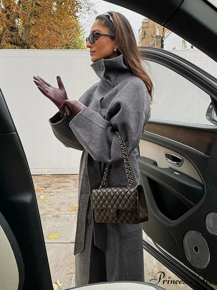 Gray Tall Neck Extended Woolen Coat