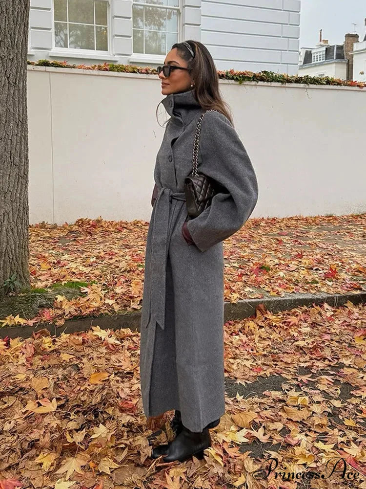 Gray Tall Neck Extended Woolen Coat