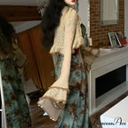 Green Halter Autumn French Retro Waist Slimming with Brown Clothing SlimFit Floral Dress