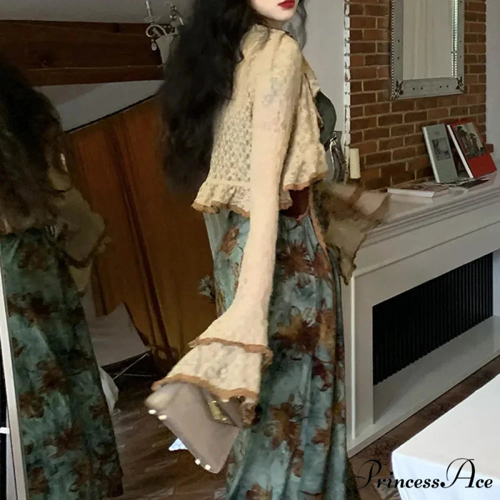 Green Halter Autumn French Retro Waist Slimming with Brown Clothing SlimFit Floral Dress