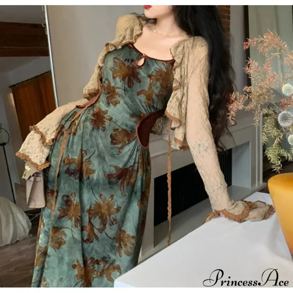 Green Halter Autumn French Retro Waist Slimming with Brown Clothing SlimFit Floral Dress