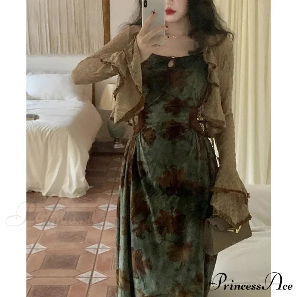 Green Halter Autumn French Retro Waist Slimming with Brown Clothing SlimFit Floral Dress