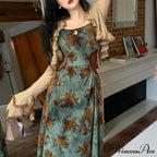 Green Halter Autumn French Retro Waist Slimming with Brown Clothing SlimFit Floral Dress