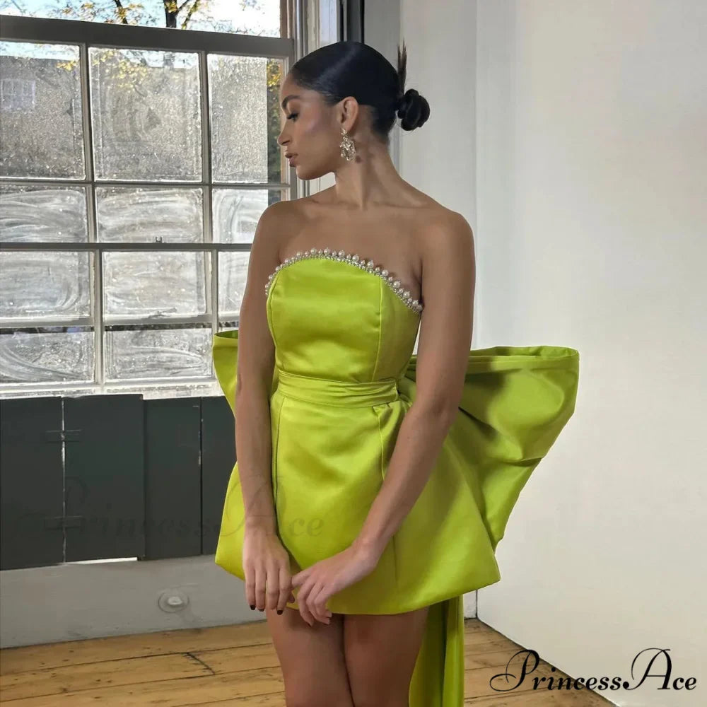 Green Pink Red Satjson Mini Party Dress with Detachable Bow