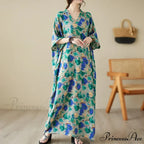 Green Red Cotton Linen Print Batwing Sleeve Retro Boho Dress