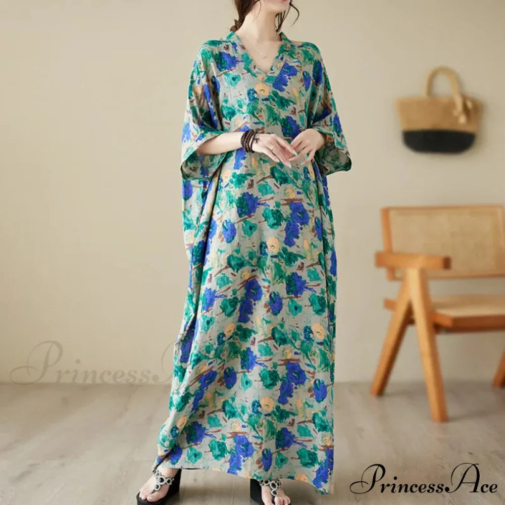 Green Red Cotton Linen Print Batwing Sleeve Retro Boho Dress