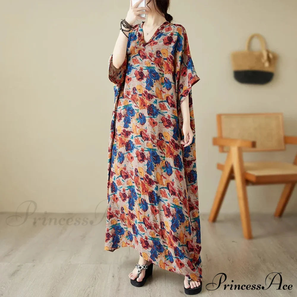 Green Red Cotton Linen Print Batwing Sleeve Retro Boho Dress