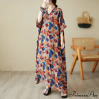 Green Red Cotton Linen Print Batwing Sleeve Retro Boho Dress