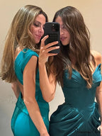 Green Satin Pleated Deep V Party Dress