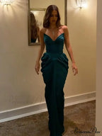 Green Satin Pleated Deep V Party Dress