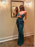 Green Satin Pleated Deep V Party Dress