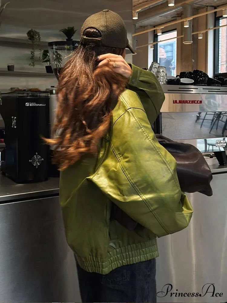 Green Single Breasted Leather Coat