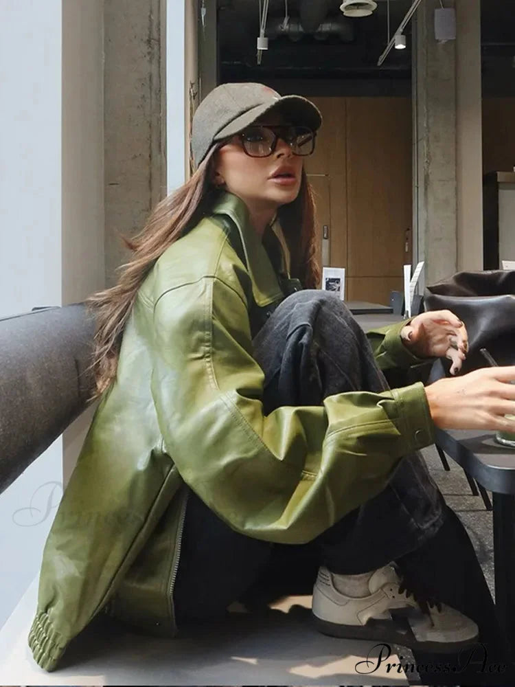 Green Single Breasted Leather Coat