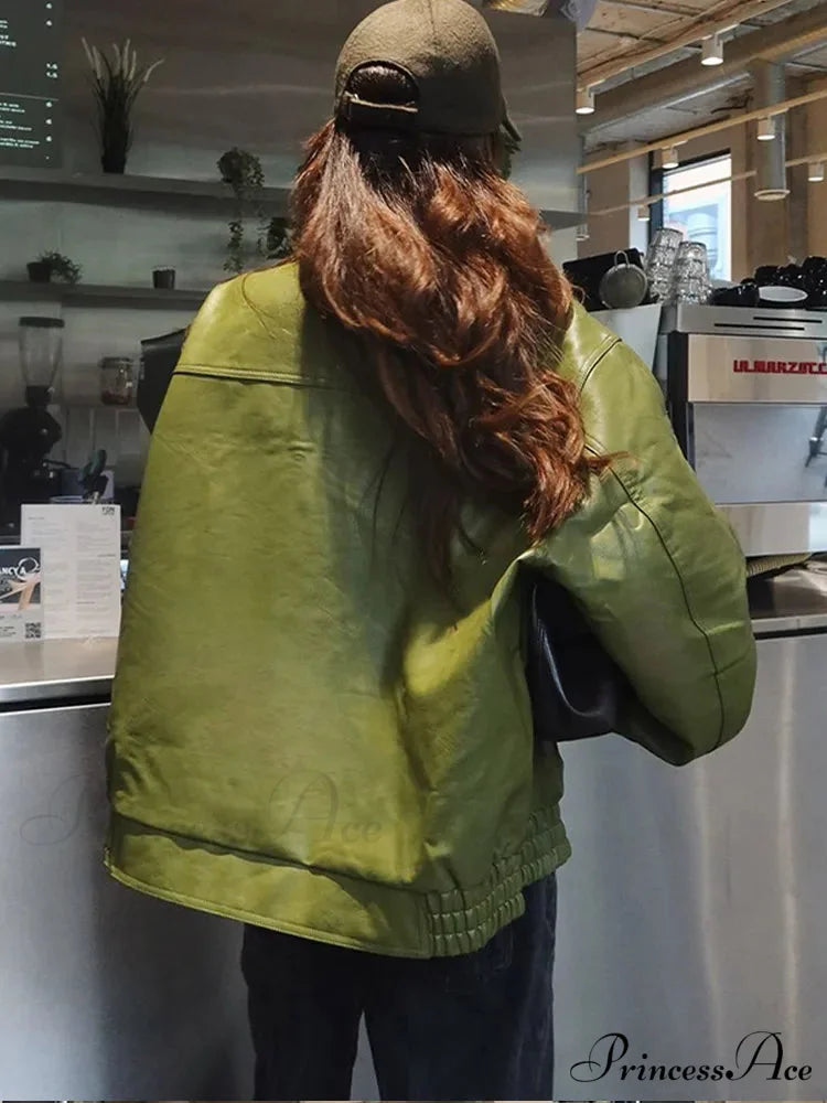 Green Single Breasted Leather Coat